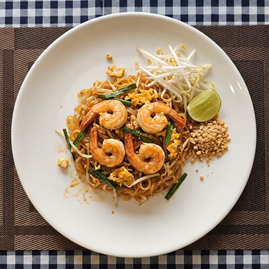ผัดไทยกุ้งบนจานขาว